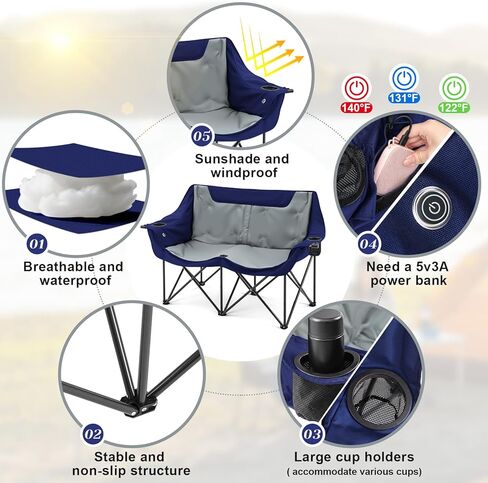 Heated Double Camping Chair for Adults, 4 Heating Zones & 3 Heat Levels, Padded Loveseat Oversize Folding Chair Portable for Outdoor Sports Lawn, Use 5v/3a Power Bank (Not Included)(Black, Gray) in Saudi Arabia
