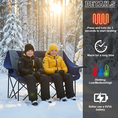 Heated Double Camping Chair for Adults, 4 Heating Zones & 3 Heat Levels, Padded Loveseat Oversize Folding Chair Portable for Outdoor Sports Lawn, Use 5v/3a Power Bank (Not Included)(Black, Gray) in Saudi Arabia
