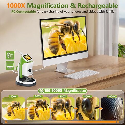 Detachable Kids Handheld Microscope Miniscope - 4K 2.0" HD Screen, 1000X Digital Pocket Toy Microscopes for Boys & Girls Ages 4-12 - Portable Science Stem Kit with Slides Set, 32G Card & EVA Case in Kuwait