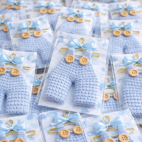 Novabright 50 Pcs Baby Shower Party Favors for Guests Miniature Crochet Overall Magnets with Cards Baby Shower Gifts, Newborn Favors, Thank You Welcome Gifts for Gender Reveal Baptism Party in Saudi Arabia