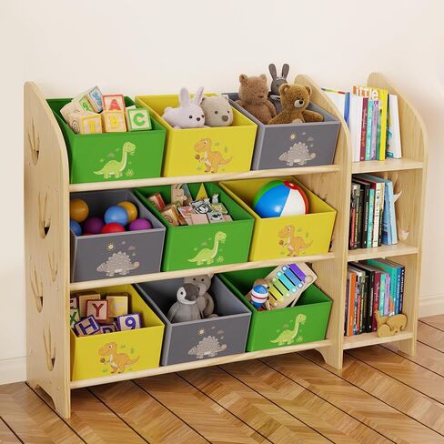 Toy Storage Organizer with 3 Shelves and 9 Bins, Green Dinosaur Bookshelfa nd Bookcase for Kids, Playroom Toy Bin Shelf for Bedroom & Room, 41.9" W in Kuwait