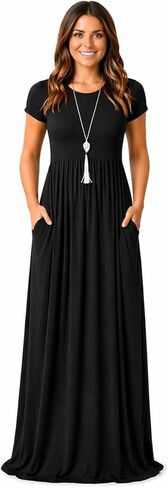 AUOMITH Women's 2026 Summer Short Sleeve Empire High Waist Long Maxi Dress with Pockets in Kuwait