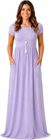 Women's Short Sleeve Loose Plain Long Casual Empire Waist Maxi Dress with Pockets in Kuwait