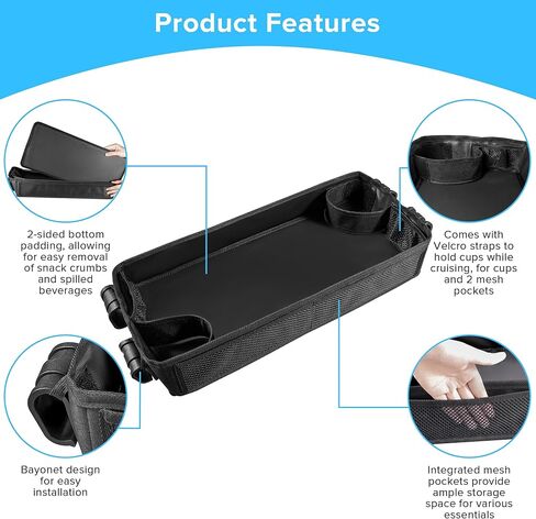 صينية وجبات خفيفة لعربة الأطفال لعربة Wonderfold W4، بطانة سفلية مزدوجة الجوانب - جيوب شبكية للتخزين - 2 حامل أكواب للأطفال، جانب من الجلد الصناعي والبوليستر سهل التنظيف لتناول الطعام والأنشطة (سلسلة W4) in Kuwait