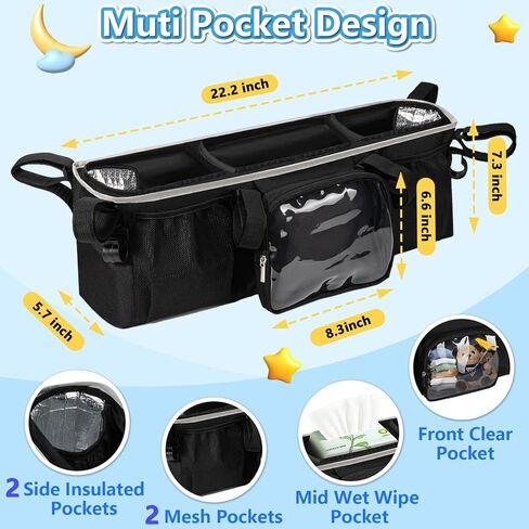 منظم عربة الأطفال المزدوج لـ Bob Duallie Jogger City Mini GT2 وJeep، ملحقات عربة الأطفال المزدوجة مع جيبين مبردين، منظم عربة الركض المزدوج للوالدين عالي التحمل (حقيبة فارغة) in Kuwait