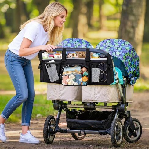 منظم عربة الأطفال المزدوج لـ Bob Duallie Jogger City Mini GT2 وJeep، ملحقات عربة الأطفال المزدوجة مع جيبين مبردين، منظم عربة الركض المزدوج للوالدين عالي التحمل (حقيبة فارغة) in Kuwait