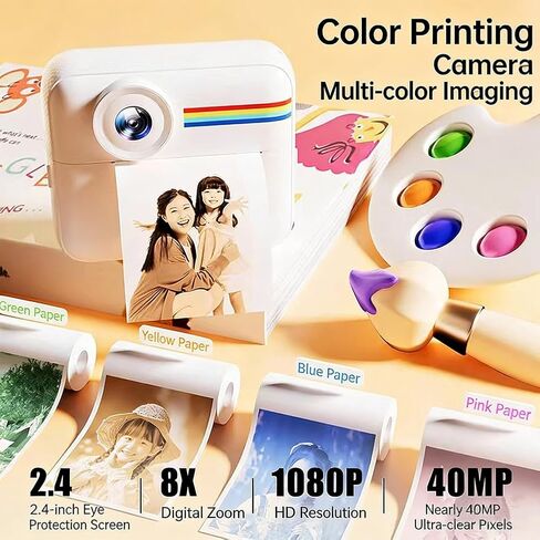 Instant Print Camera, 4 Colors Thermal Mini Photo Printer, Portable Instant Digital Camera,Digital Cameras for Toddler, Digital Selfie Camera with 4 Rolls Print Paper in Kuwait