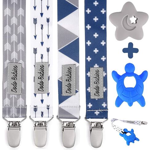 Dodo Babies Pacifier Clip & Teether Toy Set - Universal Pacifier Holder Loop - Silicone Teethers for Baby Teething Toys - 6 Piece Set, Blue & Gray in Kuwait