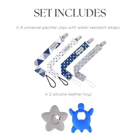 Dodo Babies Pacifier Clip & Teether Toy Set - Universal Pacifier Holder Loop - Silicone Teethers for Baby Teething Toys - 6 Piece Set, Blue & Gray in Kuwait
