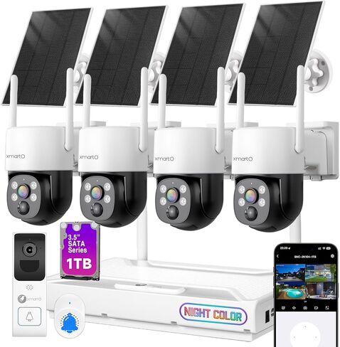 [Doorbell + 4-CAM] XMARTO Wire-Free Solar PTZ Security Camera System & Video Doorbell Bundle, 2K 0-Light Night Color Vision, WiFi 6 Wireless 4MP HD Cam, 10CH 4K NVR 1TB HDD, No Monthly Fee in Kuwait
