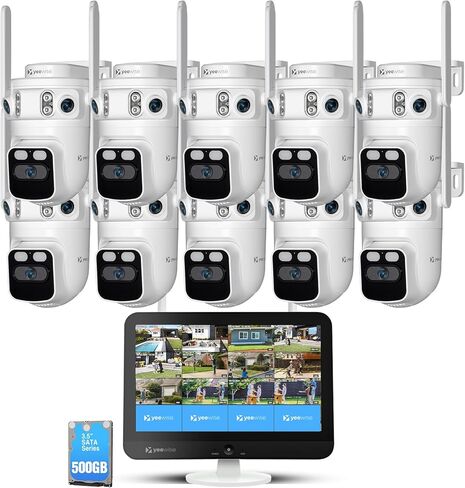 yeewise Triple Lens Wireless Security Camera System with 10 Cameras, 3-in-1 View & Auto Tracking, 360° Coverage, WiFi 6, 16CH NVR with Monitor, 24/7 Recording, No Monthly Fee in Kuwait