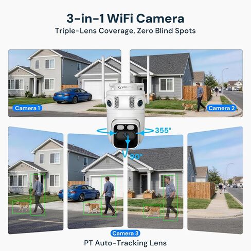 yeewise Triple Lens Wireless Security Camera System with 10 Cameras, 3-in-1 View & Auto Tracking, 360° Coverage, WiFi 6, 16CH NVR with Monitor, 24/7 Recording, No Monthly Fee in Kuwait