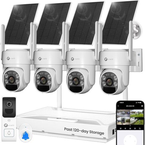 xmartO [Doorbell + 4-CAM] مجموعة كاميرا أمان تعمل بالطاقة الشمسية وجرس باب ذكي بدون أسلاك - 4 قطع 2K QHD PTZ Cam و4K 10CH قابلة للتوسيع WiFi NVR (تخزين 120 يومًا الماضية) وجرس باب ثنائي النطاق 2.4G/5G، بدون رسوم شهرية in Kuwait