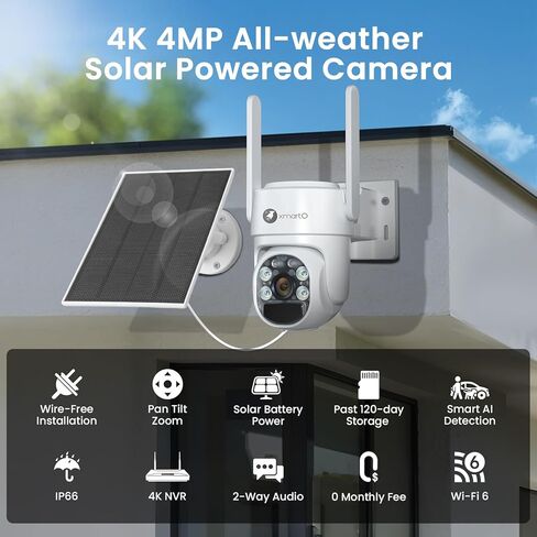 xmartO [Doorbell + 4-CAM] مجموعة كاميرا أمان تعمل بالطاقة الشمسية وجرس باب ذكي بدون أسلاك - 4 قطع 2K QHD PTZ Cam و4K 10CH قابلة للتوسيع WiFi NVR (تخزين 120 يومًا الماضية) وجرس باب ثنائي النطاق 2.4G/5G، بدون رسوم شهرية in Kuwait