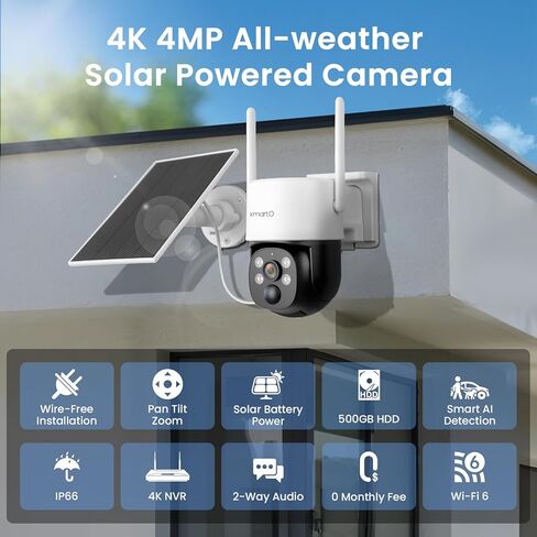 نظام كاميرا أمان xmartO اللاسلكي بالطاقة الشمسية PTZ، حزمة 8 كاميرات، 4 ميجابكسل QHD، 4K 10CH قابلة للتوسيع واي فاي NVR، شحن بالطاقة الشمسية في جميع الأحوال الجوية، صوت ثنائي الاتجاه، مستشعر PIR، بدون رسوم شهرية، 500 جيجابايت in Kuwait