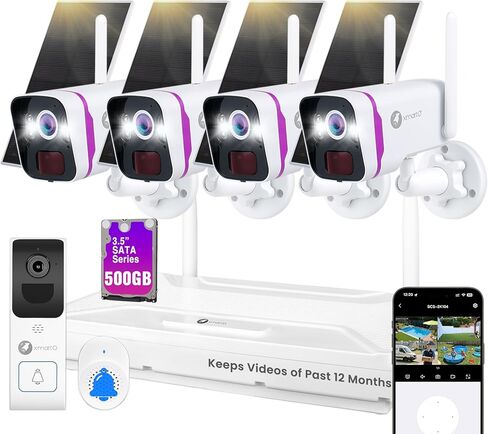 xmartO [Doorbell + 4-CAM] Wire-Free Solar Security Camera & Smart Doorbell Set, 4PCS 4MP QHD Wireless Cam & 4K 10CH WiFi6 NVR with 500GB HDD & 2.4G/5G Dual Band Video Doorbell, No Monthly Fee in Kuwait