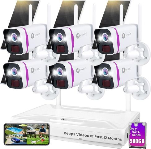 نظام كاميرا أمان لاسلكي xmartO Solar، 10CH 4K واي فاي قابل للتوسيع 6 NVR 6 * 4MP 2K كاميرات خارجية، طاقة شمسية مقاومة للطقس، IR&Color NV، شبكة WiFi طويلة المدى، فيديو مجاني لمدة عامين، بدون رسوم شهرية in Kuwait