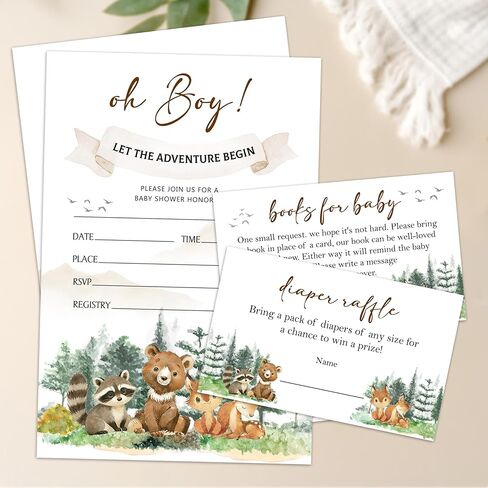 Woodland Baby Shower Invitations, 25 Forest Woodland Greenery Invites with Envelopes, Diaper Raffle & Book Request Cards, Gender Reveal Party Decorations Supplies - A06 in Kuwait