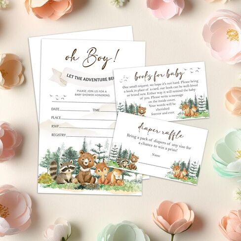 Woodland Baby Shower Invitations, 25 Forest Woodland Greenery Invites with Envelopes, Diaper Raffle & Book Request Cards, Gender Reveal Party Decorations Supplies - A06 in Kuwait