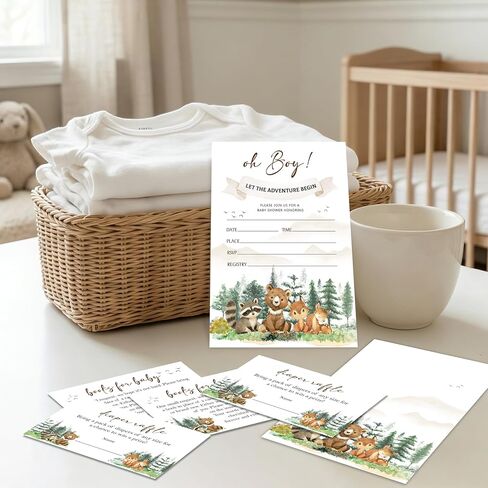 Woodland Baby Shower Invitations, 25 Forest Woodland Greenery Invites with Envelopes, Diaper Raffle & Book Request Cards, Gender Reveal Party Decorations Supplies - A06 in Kuwait