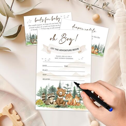 Woodland Baby Shower Invitations, 25 Forest Woodland Greenery Invites with Envelopes, Diaper Raffle & Book Request Cards, Gender Reveal Party Decorations Supplies - A06 in Kuwait