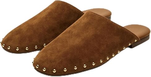 Women's Mules Comfortable Flats with Studded Backless Slip On Round Closed Toe Slides Casual Dressy Shoes in Kuwait