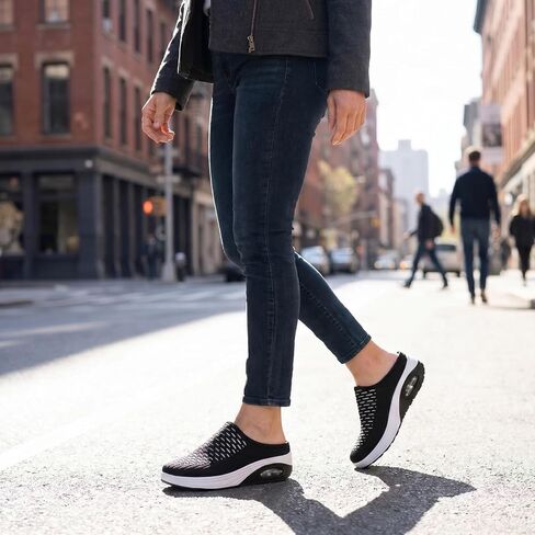 Women's Mesh Stretch Knitted Air Cushion Mule Clogs Fashion Comfortable Closed Round Toe Breathable Slip On Wedge Orthopedic Mules Sneaker for Summer Casual Beach Walking Slippers in Kuwait