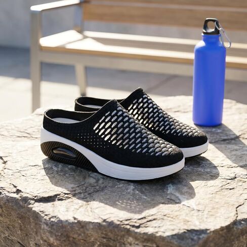 Women's Mesh Stretch Knitted Air Cushion Mule Clogs Fashion Comfortable Closed Round Toe Breathable Slip On Wedge Orthopedic Mules Sneaker for Summer Casual Beach Walking Slippers in Kuwait