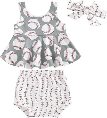 Toddler Baby Girl Summer Clothes Baseball Printed Tank Top and Shorts Infant Outfit Set in Kuwait