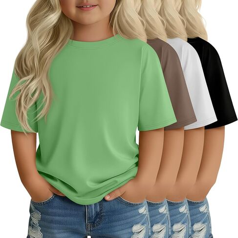 4 Pack Toddler Girls' Short Sleeve Shirts Crew Neck Elbow Length Tops Loose Fit Tshirts Casual Solid Basic Tee in Kuwait