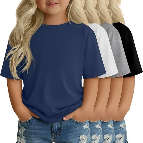 4 Pack Toddler Girls' Short Sleeve Shirts Crew Neck Elbow Length Tops Loose Fit Tshirts Casual Solid Basic Tee in Saudi Arabia