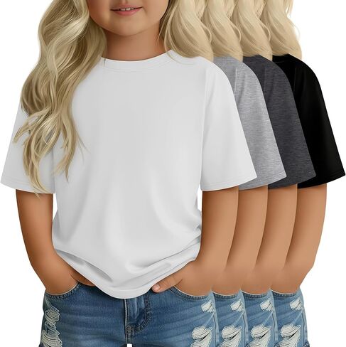 4 Pack Toddler Girls' Short Sleeve Shirts Crew Neck Elbow Length Tops Loose Fit Tshirts Casual Solid Basic Tee in Saudi Arabia