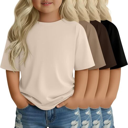 4 Pack Toddler Girls' Short Sleeve Shirts Crew Neck Elbow Length Tops Loose Fit Tshirts Casual Solid Basic Tee in Saudi Arabia