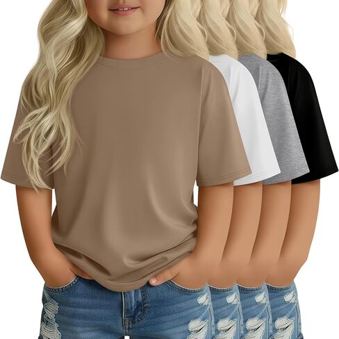 4 Pack Toddler Girls' Short Sleeve Shirts Crew Neck Elbow Length Tops Loose Fit Tshirts Casual Solid Basic Tee in Saudi Arabia