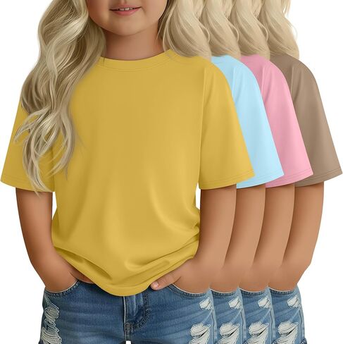 4 Pack Toddler Girls' Short Sleeve Shirts Crew Neck Elbow Length Tops Loose Fit Tshirts Casual Solid Basic Tee in Saudi Arabia