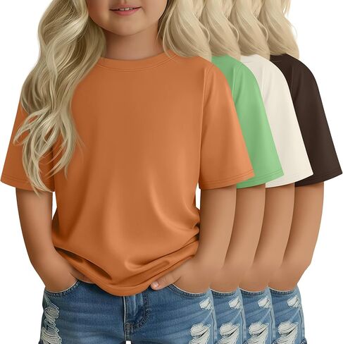 4 Pack Toddler Girls' Short Sleeve Shirts Crew Neck Elbow Length Tops Loose Fit Tshirts Casual Solid Basic Tee in Saudi Arabia
