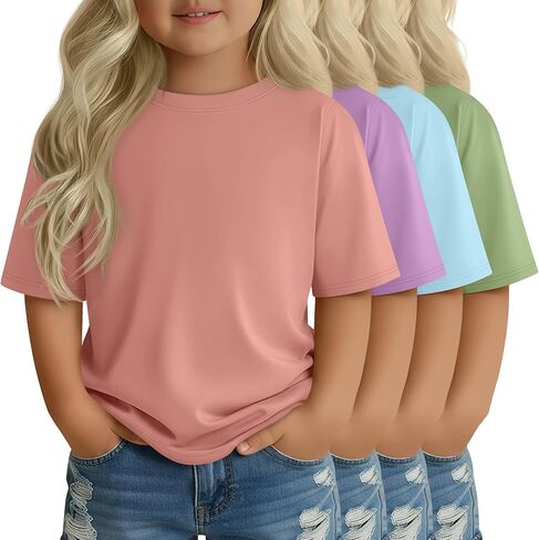 4 Pack Toddler Girls' Short Sleeve Shirts Crew Neck Elbow Length Tops Loose Fit Tshirts Casual Solid Basic Tee in Saudi Arabia