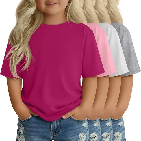 4 Pack Toddler Girls' Short Sleeve Shirts Crew Neck Elbow Length Tops Loose Fit Tshirts Casual Solid Basic Tee in Saudi Arabia