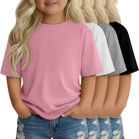 4 Pack Toddler Girls' Short Sleeve Shirts Crew Neck Elbow Length Tops Loose Fit Tshirts Casual Solid Basic Tee in Saudi Arabia
