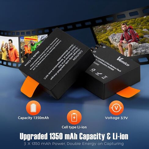 شاحن بطارية كاميرا الحركة من فيميكو 3 عبوات 1350 مللي أمبير في الساعة PG1050 بطارية LED صندوق شاحن مزدوج كابل USB-C لكاميرات AKASO EK7000، Brave 4، EK7000 pro، SJCAM SJ4000، Wolfang، Dragon Touch، Apexcam الرياضية in Kuwait