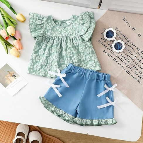 Baby Girls Floral Embossed Ruffle Top & Bow Shorts Set Green Outfit for 6M-3Y Infants in Kuwait