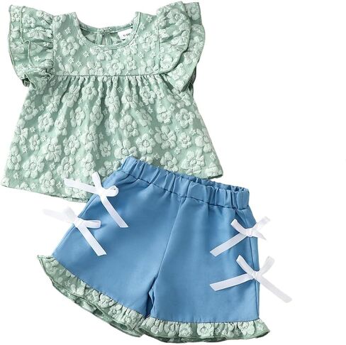 Baby Girls Floral Embossed Ruffle Top & Bow Shorts Set Green Outfit for 6M-3Y Infants in Kuwait