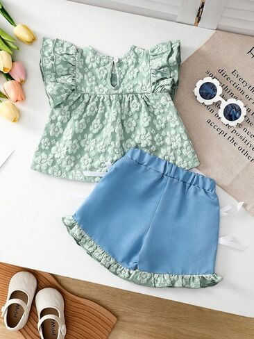 Baby Girls Floral Embossed Ruffle Top & Bow Shorts Set Green Outfit for 6M-3Y Infants in Kuwait