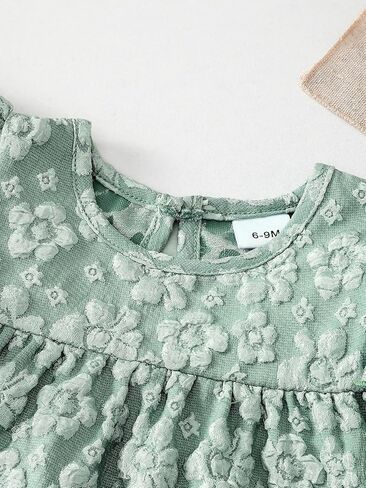 Baby Girls Floral Embossed Ruffle Top & Bow Shorts Set Green Outfit for 6M-3Y Infants in Kuwait