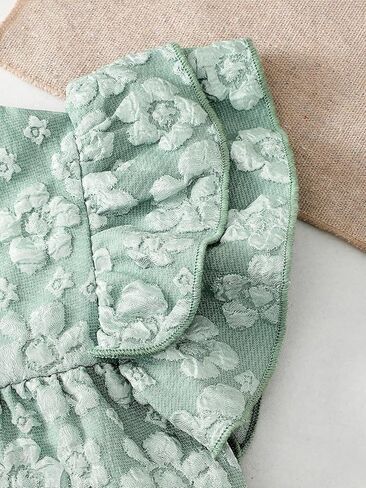 Baby Girls Floral Embossed Ruffle Top & Bow Shorts Set Green Outfit for 6M-3Y Infants in Kuwait