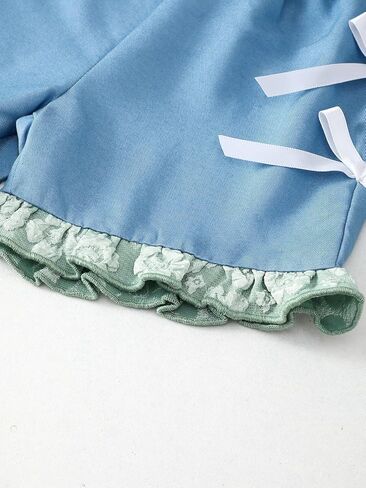 Baby Girls Floral Embossed Ruffle Top & Bow Shorts Set Green Outfit for 6M-3Y Infants in Kuwait