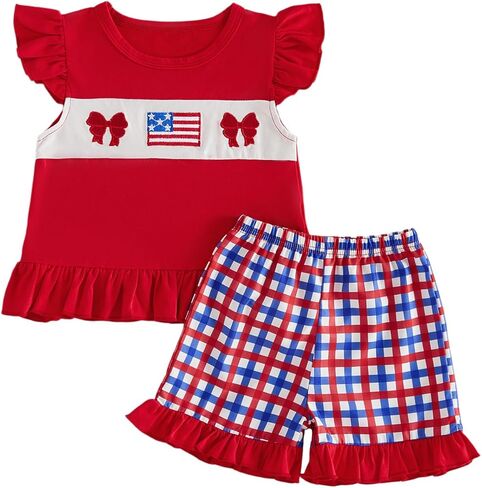 Toddler Baby Girl Outfit Summer Fly Sleeve Starfish Seashell Embroidery T-shirt Top Plaid Shorts 2PCS Clothes Set in Kuwait
