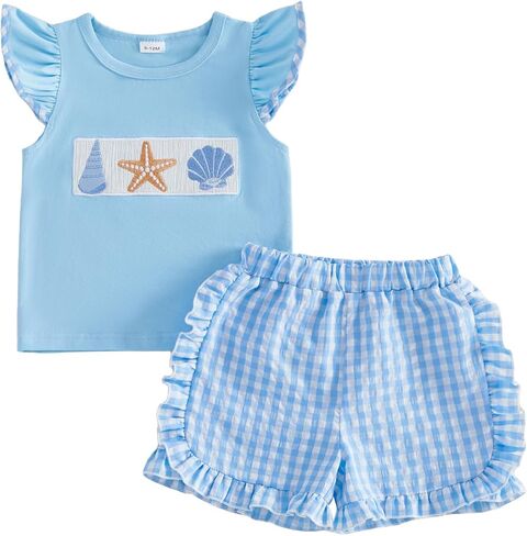 Toddler Baby Girl Outfit Summer Fly Sleeve Starfish Seashell Embroidery T-shirt Top Plaid Shorts 2PCS Clothes Set in Saudi Arabia