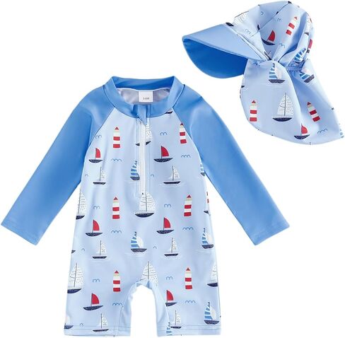 Toddler Baby Boy One Piece Swimsuit Long Sleeve Rash Guard Bathing Suit Sun Hat Kids Shark Sailboat Zipper Swimwear in Kuwait