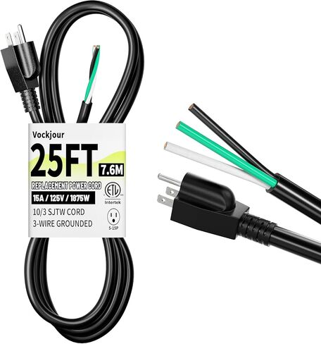 Vickwire 10 ft 10/3 Appliance and Power Tool Cord, 10 AWG 3 Prong Black Heavy Duty Replacement Power Cord with Open End, NEMA 5-15P, 125V AC Pigtail, 15A 1875W, ETL Listed in Kuwait